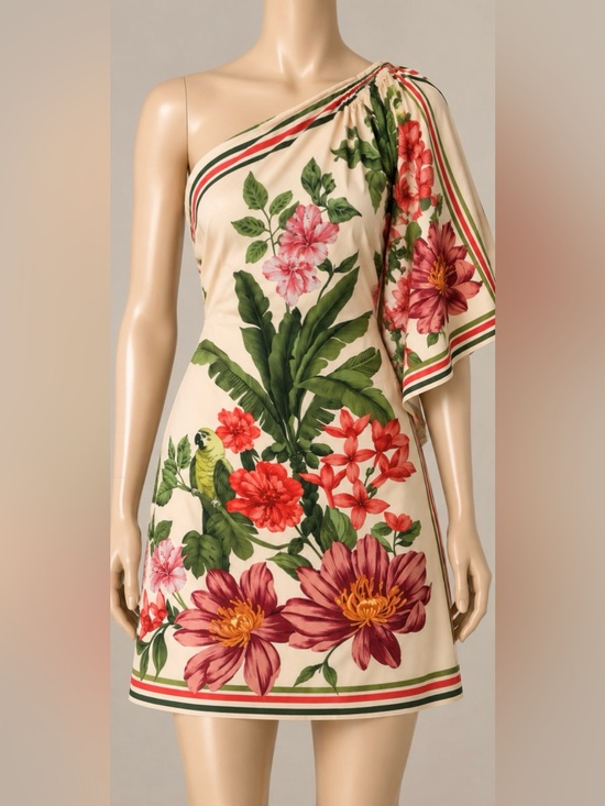 Unknown Dresses & Skirts - New One-Shoulder Floral Dress in Cream and Green with Pink Blooms